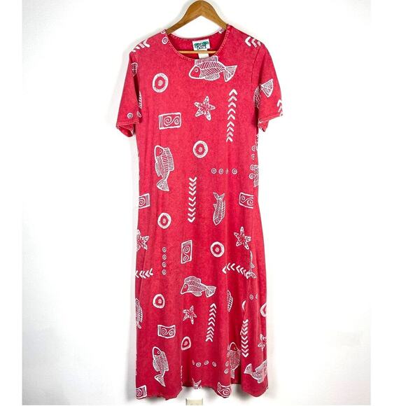 Vintage 90s Coconut Bay Red Fish Print Cotton T shirt Dress Coverup Mumu Medium - Picture 1 of 9